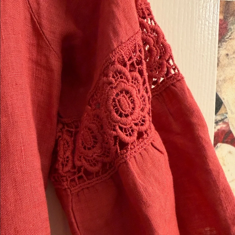 Women’s Coral Peasant Dress with Crochet Sleeves - Picture 3 of 5